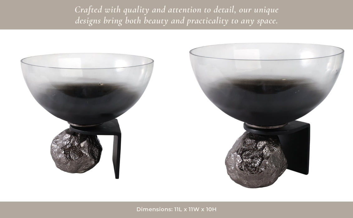 11x10-glass-bowl-on-rock-pedestal-black-silver-11