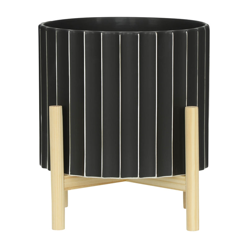 12-ceramic-fluted-planter-w-wood-stand-black-1