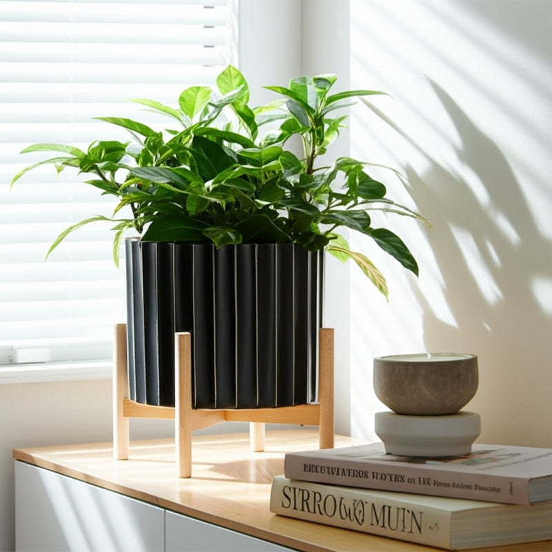 12-ceramic-fluted-planter-w-wood-stand-black-12