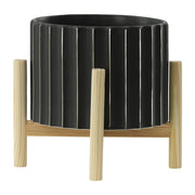 12-ceramic-fluted-planter-w-wood-stand-black-2
