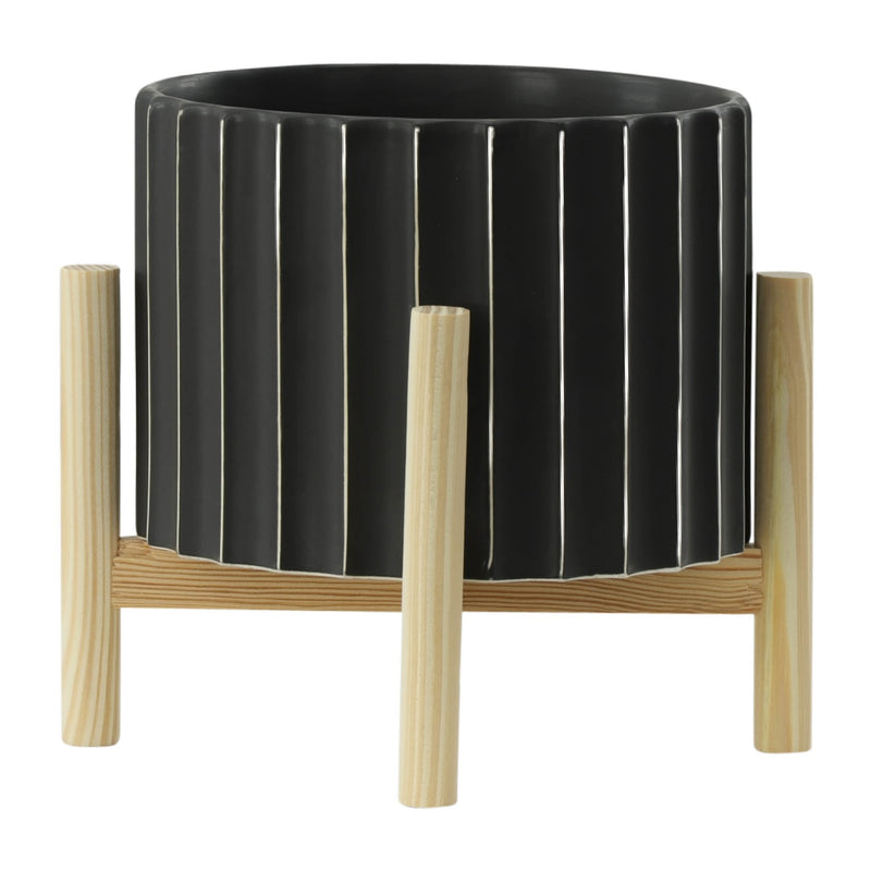 12-ceramic-fluted-planter-w-wood-stand-black-2