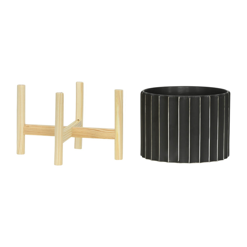 12-ceramic-fluted-planter-w-wood-stand-black-3