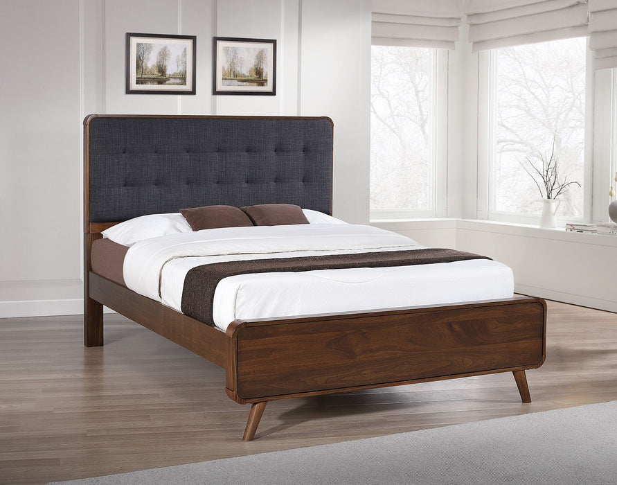 Robyn California King, E.King, & Queen Bed with Upholstered Headboard Dark Walnut