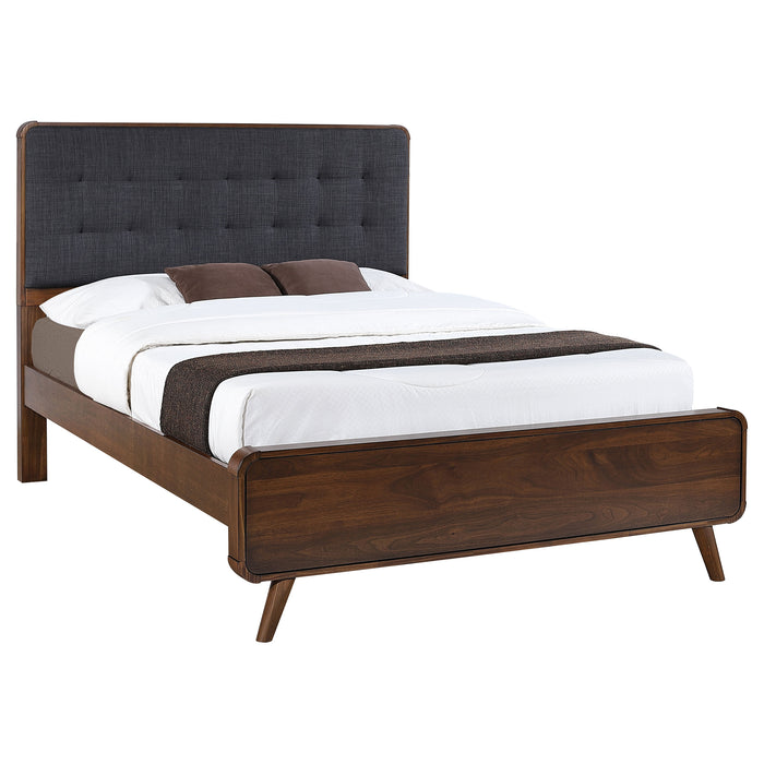 Robyn California King, E.King, & Queen Bed with Upholstered Headboard Dark Walnut