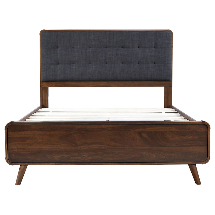 Robyn California King, E.King, & Queen Bed with Upholstered Headboard Dark Walnut