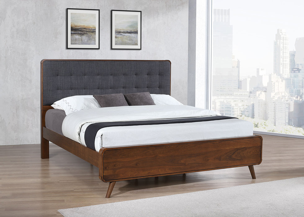 Robyn California King, E.King, & Queen Bed with Upholstered Headboard Dark Walnut