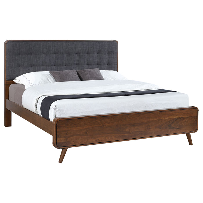Robyn California King, E.King, & Queen Bed with Upholstered Headboard Dark Walnut