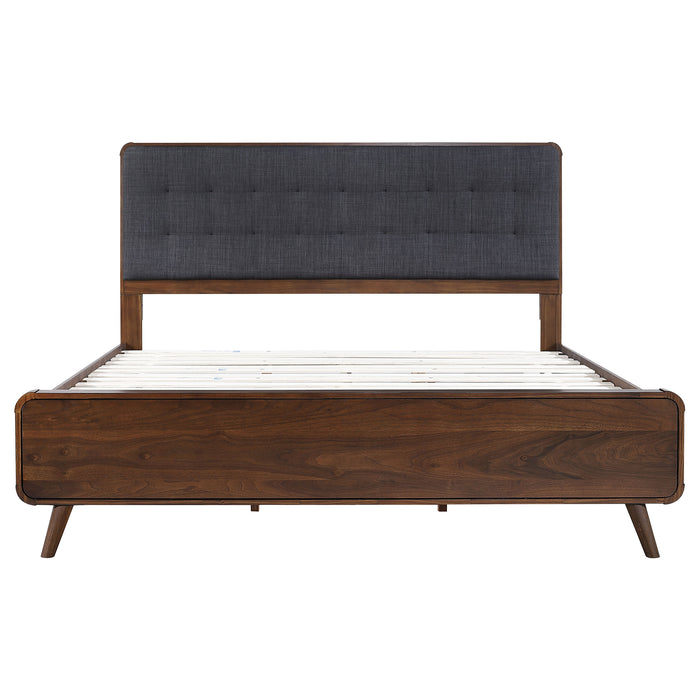 Robyn California King, E.King, & Queen Bed with Upholstered Headboard Dark Walnut