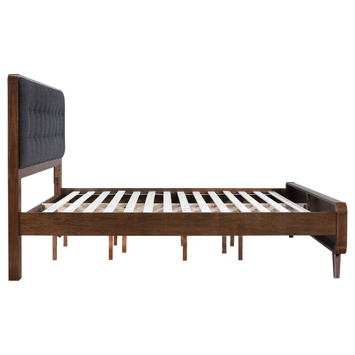 Robyn California King, E.King, & Queen Bed with Upholstered Headboard Dark Walnut