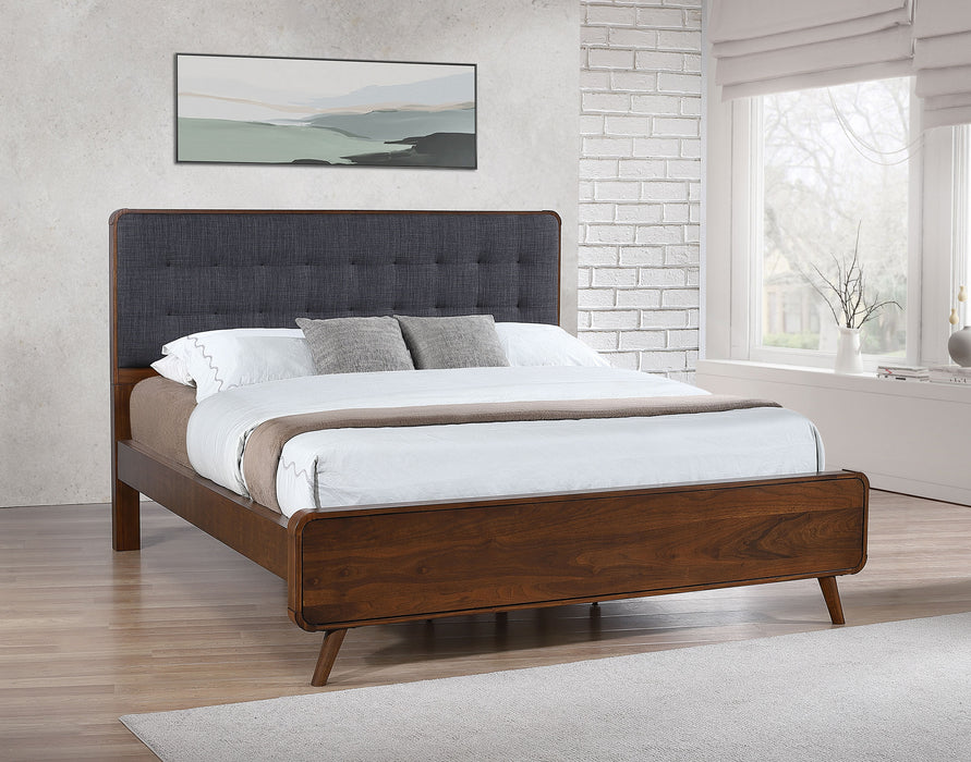Robyn California King, E.King, & Queen Bed with Upholstered Headboard Dark Walnut
