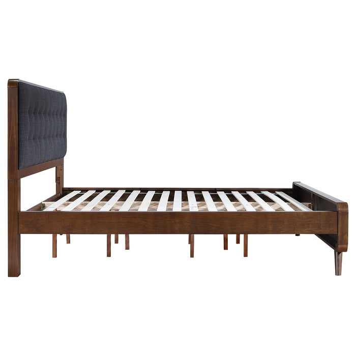 Robyn California King, E.King, & Queen Bed with Upholstered Headboard Dark Walnut