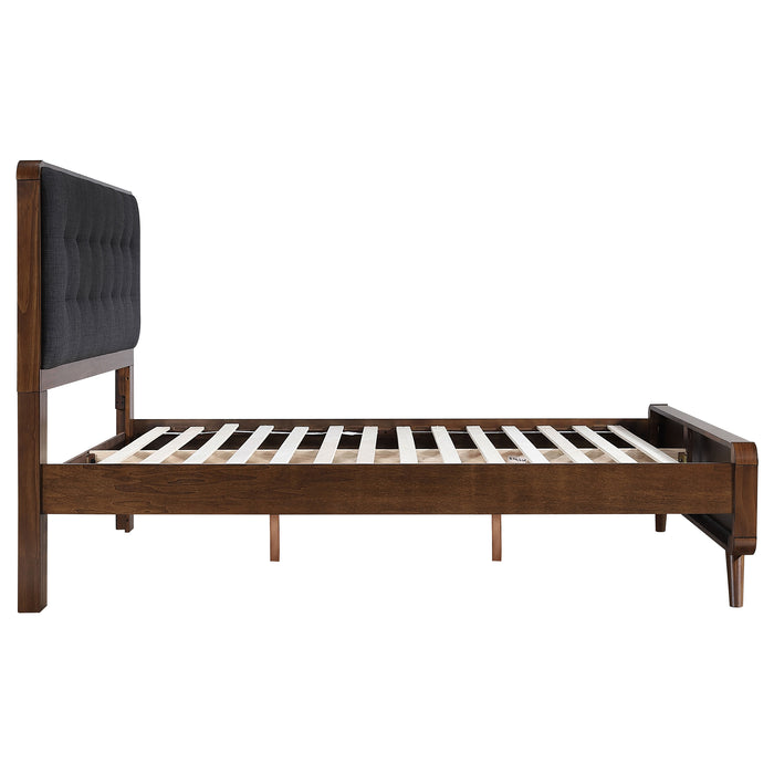 Robyn California King, E.King, & Queen Bed with Upholstered Headboard Dark Walnut