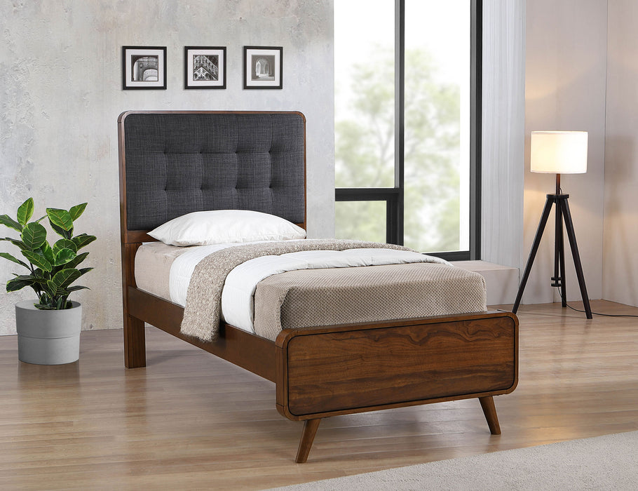 Robyn California King, E.King, & Queen Bed with Upholstered Headboard Dark Walnut