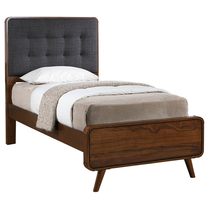 Robyn California King, E.King, & Queen Bed with Upholstered Headboard Dark Walnut