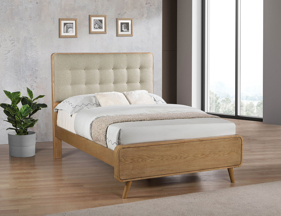 Robyn California King, E.King, & Queen Bed with Upholstered Headboard Dark Walnut