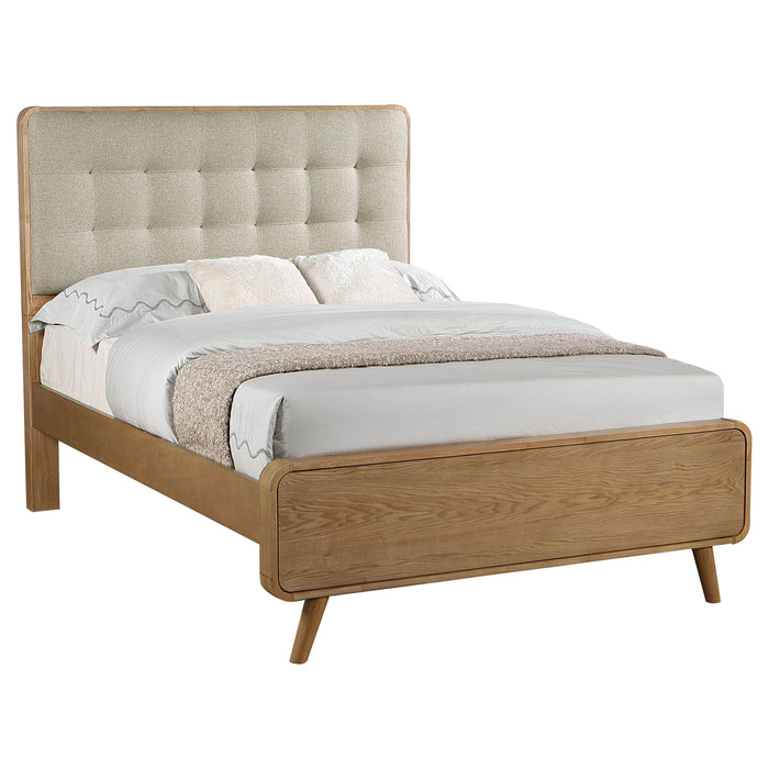 Robyn California King, E.King, & Queen Bed with Upholstered Headboard Dark Walnut