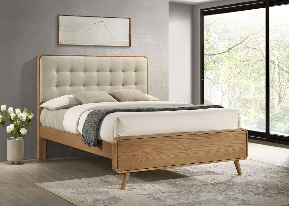 Robyn California King, E.King, & Queen Bed with Upholstered Headboard Dark Walnut
