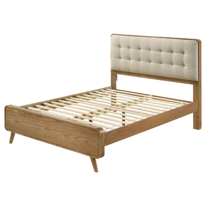 Robyn California King, E.King, & Queen Bed with Upholstered Headboard Dark Walnut