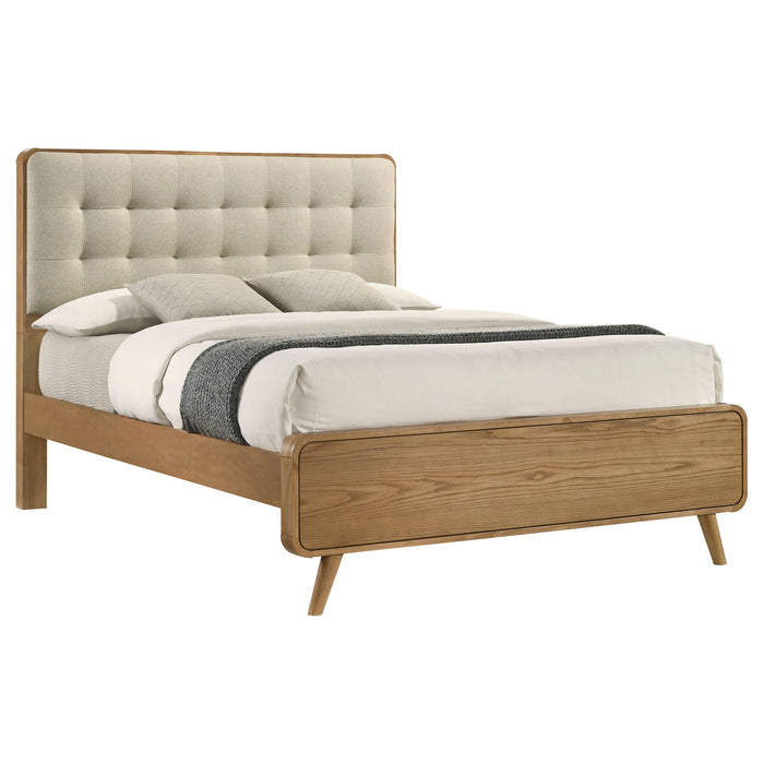 Robyn California King, E.King, & Queen Bed with Upholstered Headboard Dark Walnut