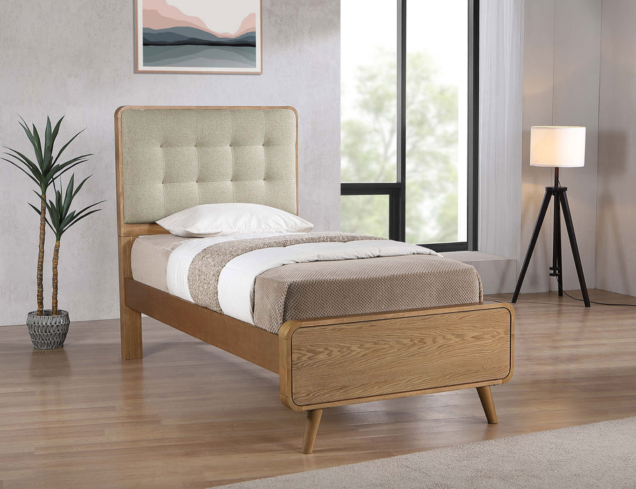 Robyn California King, E.King, & Queen Bed with Upholstered Headboard Dark Walnut