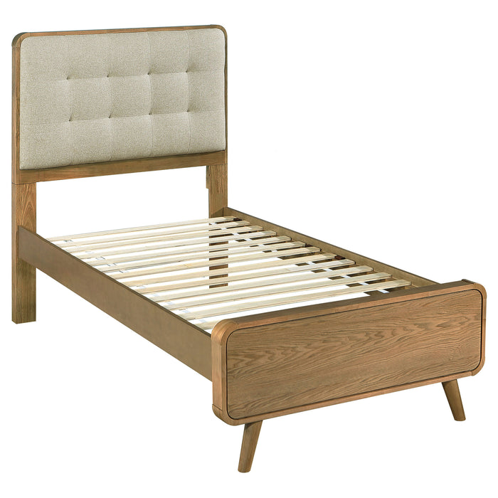 Robyn California King, E.King, & Queen Bed with Upholstered Headboard Dark Walnut