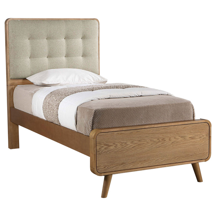 Robyn California King, E.King, & Queen Bed with Upholstered Headboard Dark Walnut