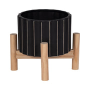 6-ceramic-fluted-planter-w-wood-stand-black-1