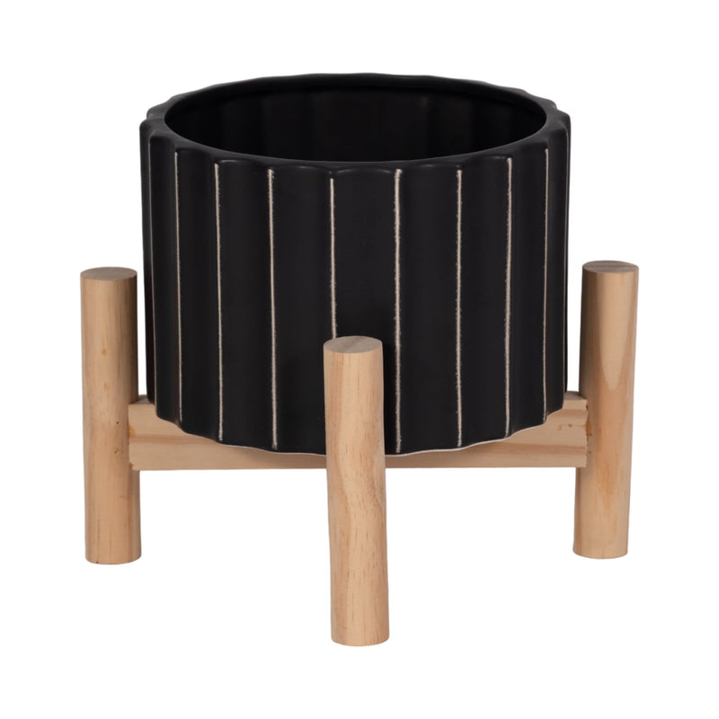 6-ceramic-fluted-planter-w-wood-stand-black-1