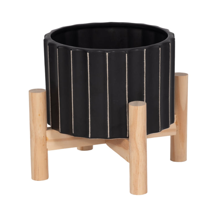 6-ceramic-fluted-planter-w-wood-stand-black-3