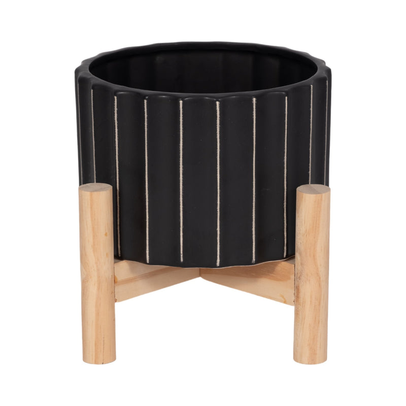 6-ceramic-fluted-planter-w-wood-stand-black-4