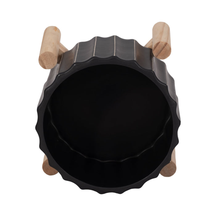 6-ceramic-fluted-planter-w-wood-stand-black-6