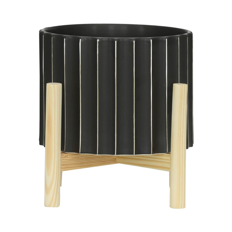 8-ceramic-fluted-planter-w-wood-stand-black-1