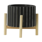8-ceramic-fluted-planter-w-wood-stand-black-2