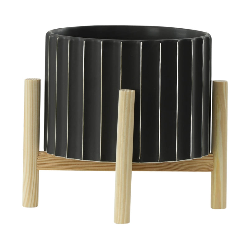 8-ceramic-fluted-planter-w-wood-stand-black-2