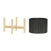 8-ceramic-fluted-planter-w-wood-stand-black-3