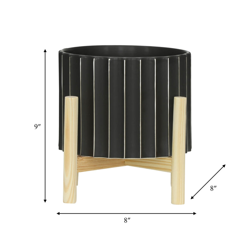 8-ceramic-fluted-planter-w-wood-stand-black-8