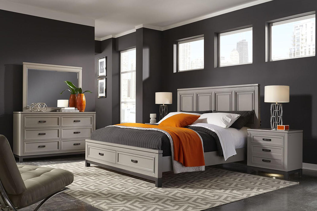 Aspenhome Hyde Park Queen Painted Panel Storage Bed in Light Gray/403D/402