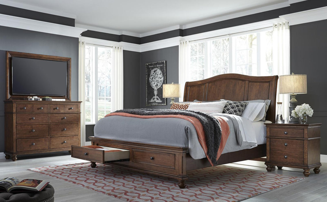 Aspenhome Oxford King Sleigh Storage Bed in Whiskey Brown