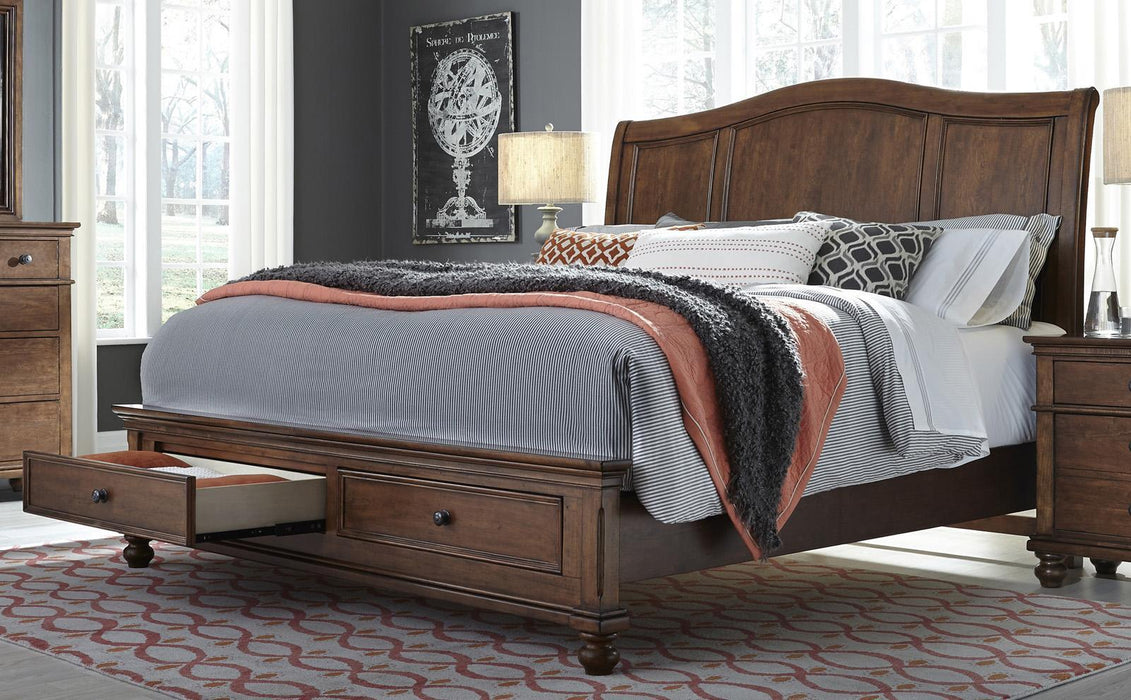 Aspenhome Oxford King Sleigh Storage Bed in Whiskey Brown
