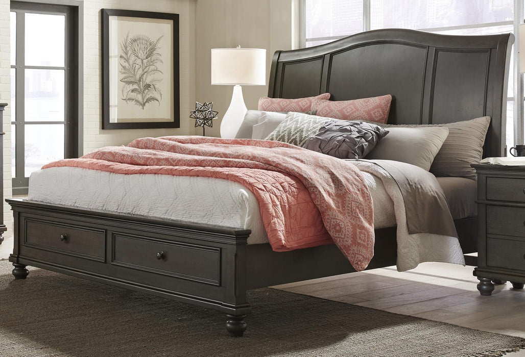 Aspenhome Oxford King Sleigh Storage Bed in Peppercorn