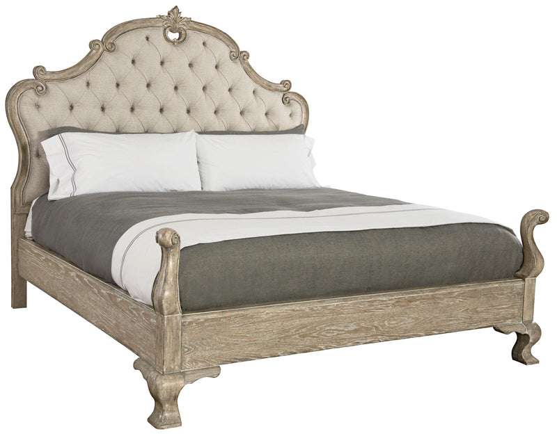 Bernhardt Campania King Upholstered Panel Bed with Carving in Weathered Sand - Furniture City (CA)l