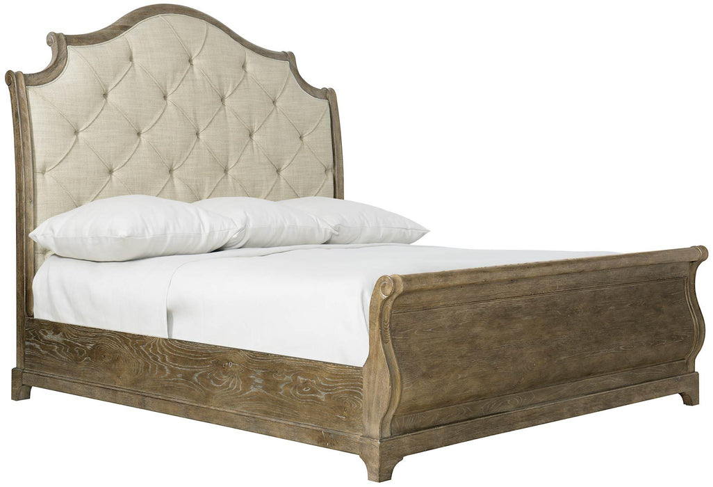Bernhardt Rustic Patina Queen Upholstered Sleigh Bed in Peppercorn