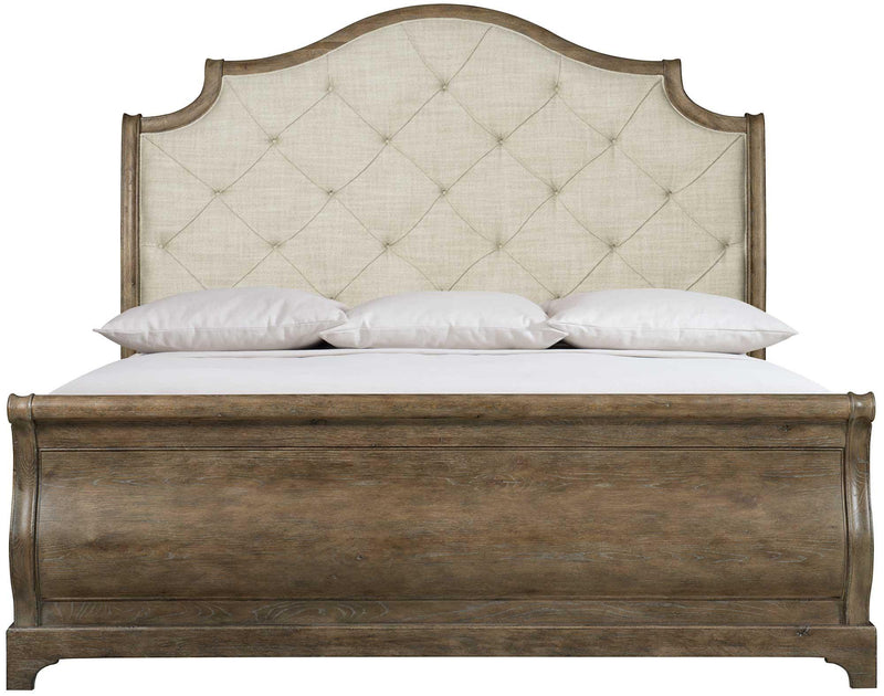 Bernhardt Rustic Patina California King Upholstered Sleigh Bed in Peppercorn - Furniture City (CA)l