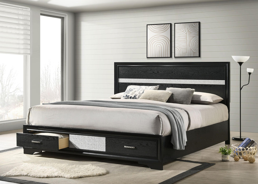 Miranda California King. E.King, & Queen 2-drawer Storage Bed Black & White