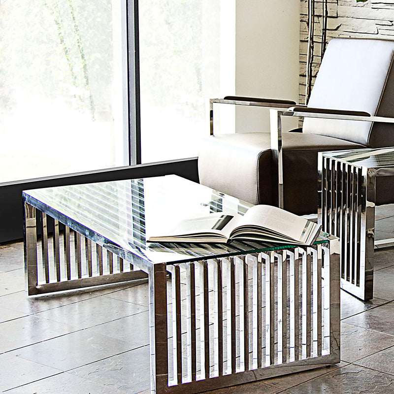 SOHO Rectangular Stainless Steel Cocktail Table w/ Clear, Tempered Glass Top by Diamond Sofa - Furniture City (CA)l