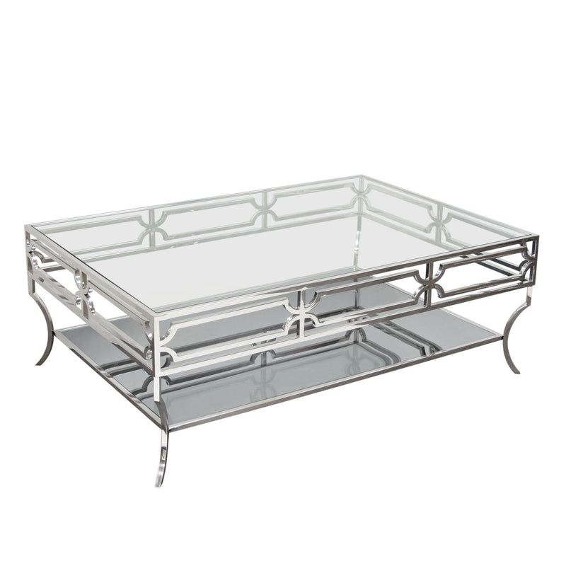 Avalon Cocktail Table with Clear Glass Top, Mirrored Shelf & Stainless Steel Frame by Diamond Sofa - Furniture City (CA)l