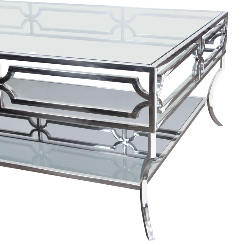 Avalon Cocktail Table with Clear Glass Top, Mirrored Shelf & Stainless Steel Frame by Diamond Sofa - Furniture City (CA)l