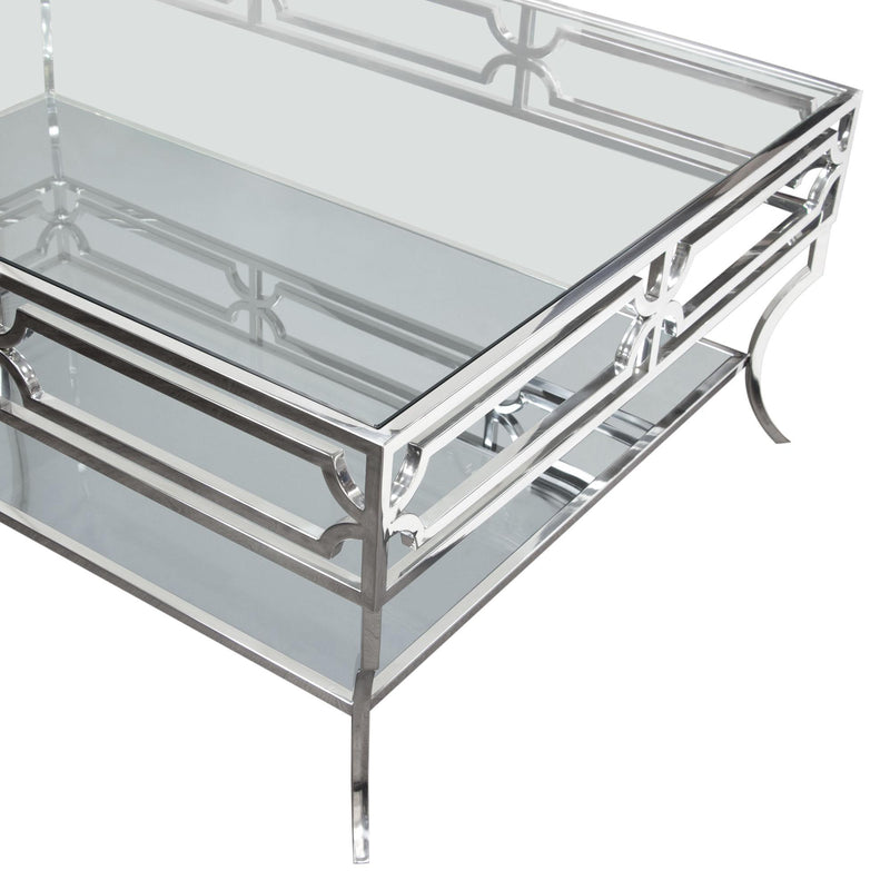 Avalon Cocktail Table with Clear Glass Top, Mirrored Shelf & Stainless Steel Frame by Diamond Sofa - Furniture City (CA)l
