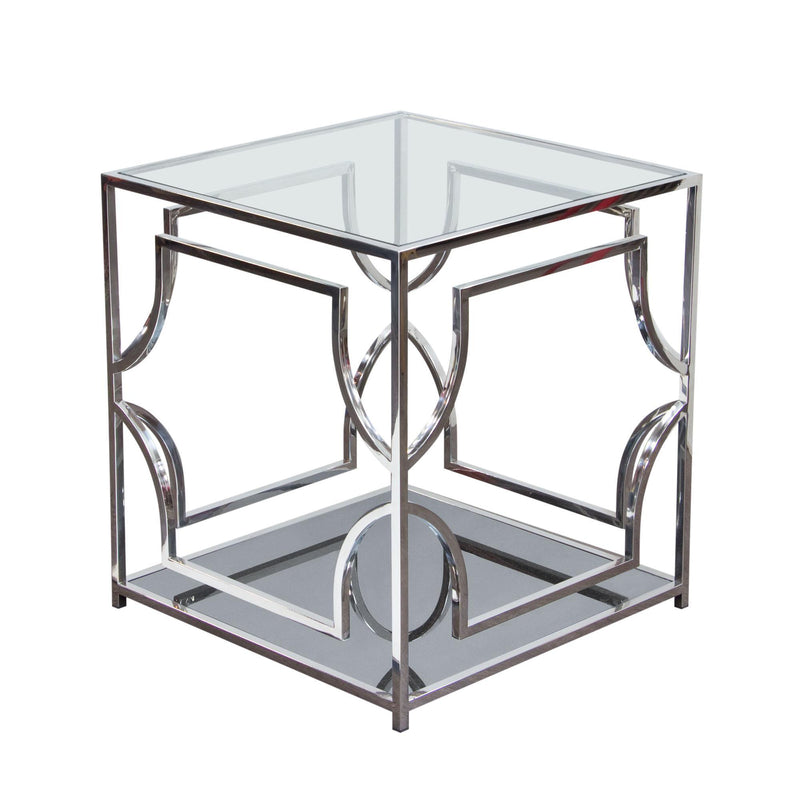 Avalon End Table with Clear Glass Top, Mirrored Shelf & Stainless Steel Frame by Diamond Sofa - Furniture City (CA)l