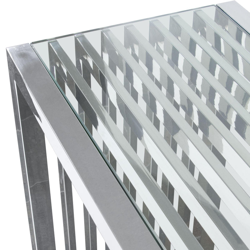 SOHO Rectangular Stainless Steel Console Table w/ Clear, Tempered Glass Top by Diamond Sofa - Furniture City (CA)l